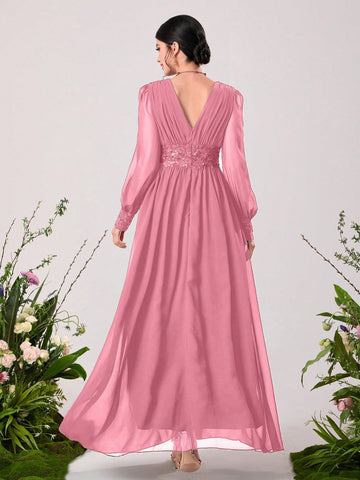 Floral Embroidery Appliques Lantern Sleeve Chiffon Maxi Bridesmaid Dress