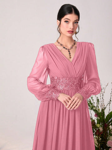 Floral Embroidery Appliques Lantern Sleeve Chiffon Maxi Bridesmaid Dress