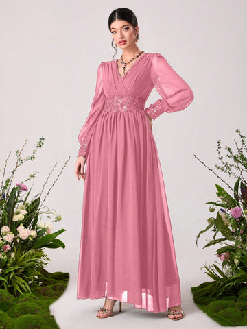 Floral Embroidery Appliques Lantern Sleeve Chiffon Maxi Bridesmaid Dress