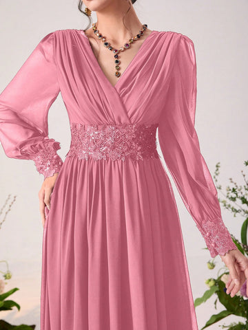 Floral Embroidery Appliques Lantern Sleeve Chiffon Maxi Bridesmaid Dress