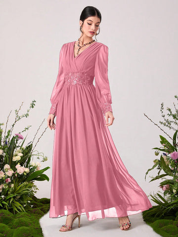 Floral Embroidery Appliques Lantern Sleeve Chiffon Maxi Bridesmaid Dress
