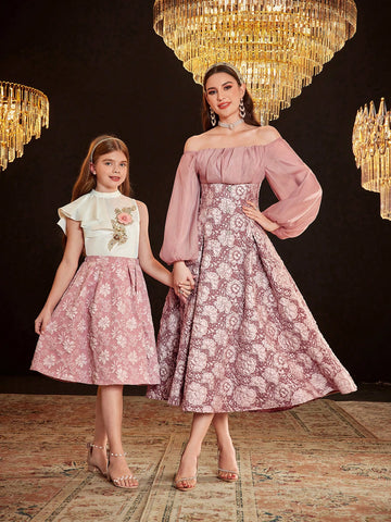 Floral Jacquard Off-Shoulder Lantern Sleeve Dress