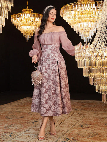 Floral Jacquard Off-Shoulder Lantern Sleeve Dress