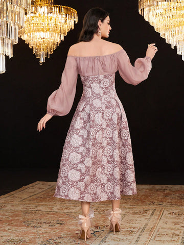 Floral Jacquard Off-Shoulder Lantern Sleeve Dress