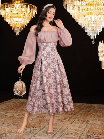Floral Jacquard Off-Shoulder Lantern Sleeve Dress