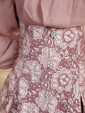 Floral Jacquard Off-Shoulder Lantern Sleeve Dress