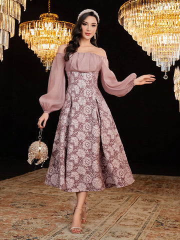 Floral Jacquard Off-Shoulder Lantern Sleeve Dress