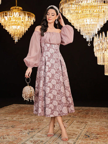 Floral Jacquard Off-Shoulder Lantern Sleeve Dress