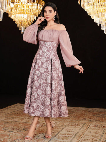 Floral Jacquard Off-Shoulder Lantern Sleeve Dress