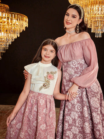 Floral Jacquard Off-Shoulder Lantern Sleeve Dress