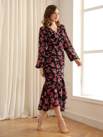 Modely Floral Print Lantern Sleeve Ruched Mermaid Hem Dress