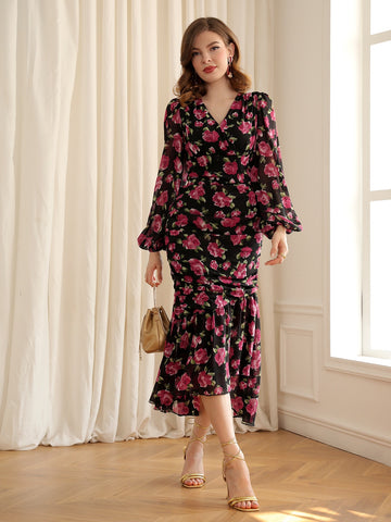 Modely Floral Print Lantern Sleeve Ruched Mermaid Hem Dress