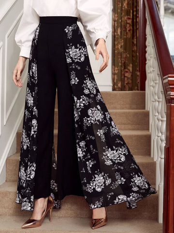 Modely Floral Print Overlay Flare Leg Pants Palazzo Pants