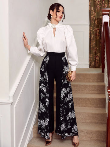 Modely Floral Print Overlay Flare Leg Pants Palazzo Pants
