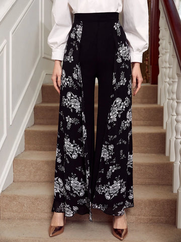Modely Floral Print Overlay Flare Leg Pants Palazzo Pants