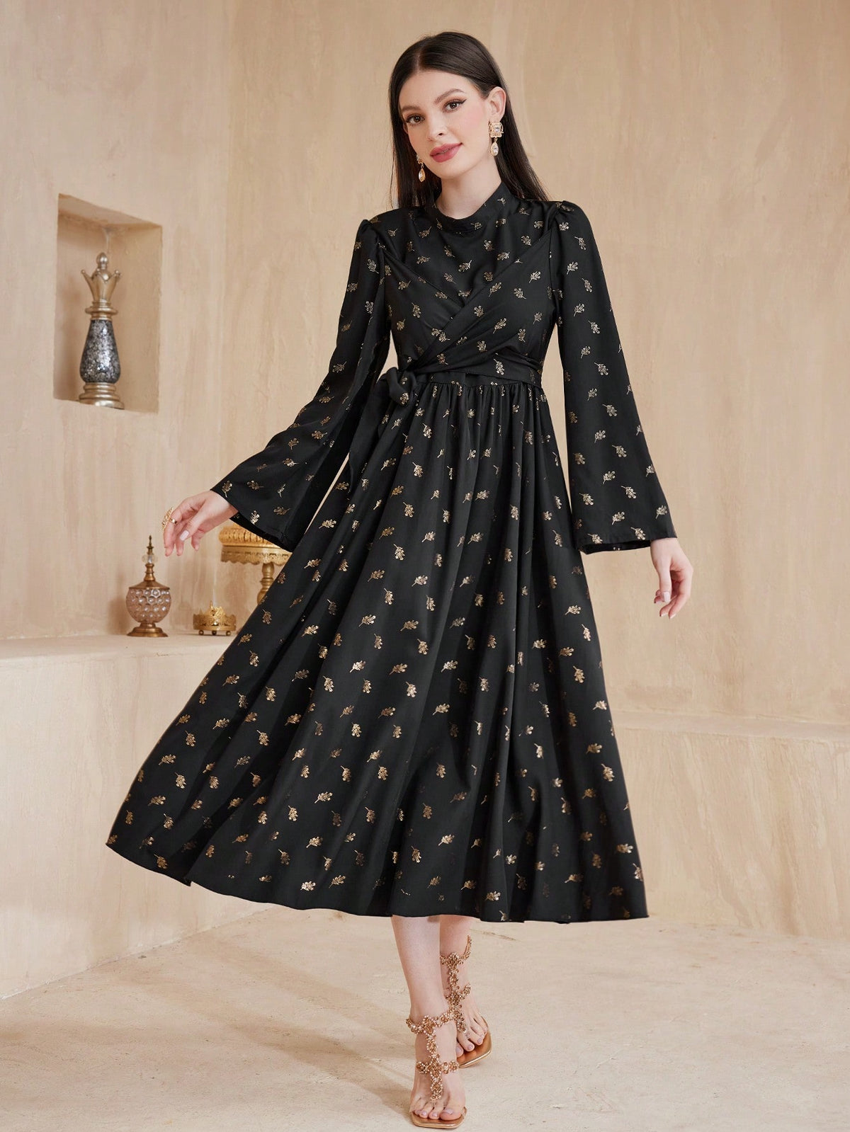 Floral Print Round Neckline Waist Gather A-Line Dress With Flared Sleeves