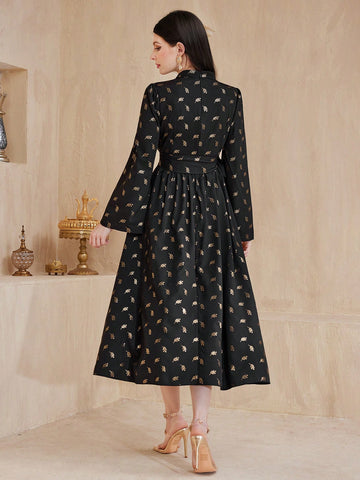 Floral Print Round Neckline Waist Gather A-Line Dress With Flared Sleeves