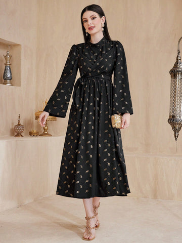 Floral Print Round Neckline Waist Gather A-Line Dress With Flared Sleeves