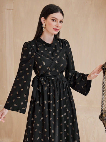 Floral Print Round Neckline Waist Gather A-Line Dress With Flared Sleeves