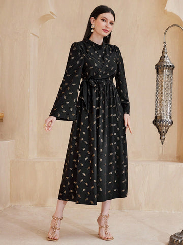 Floral Print Round Neckline Waist Gather A-Line Dress With Flared Sleeves