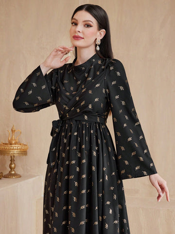 Floral Print Round Neckline Waist Gather A-Line Dress With Flared Sleeves