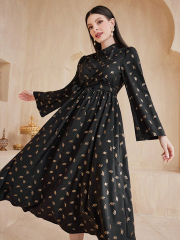 Floral Print Round Neckline Waist Gather A-Line Dress With Flared Sleeves