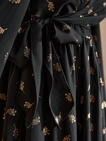 Floral Print Round Neckline Waist Gather A-Line Dress With Flared Sleeves