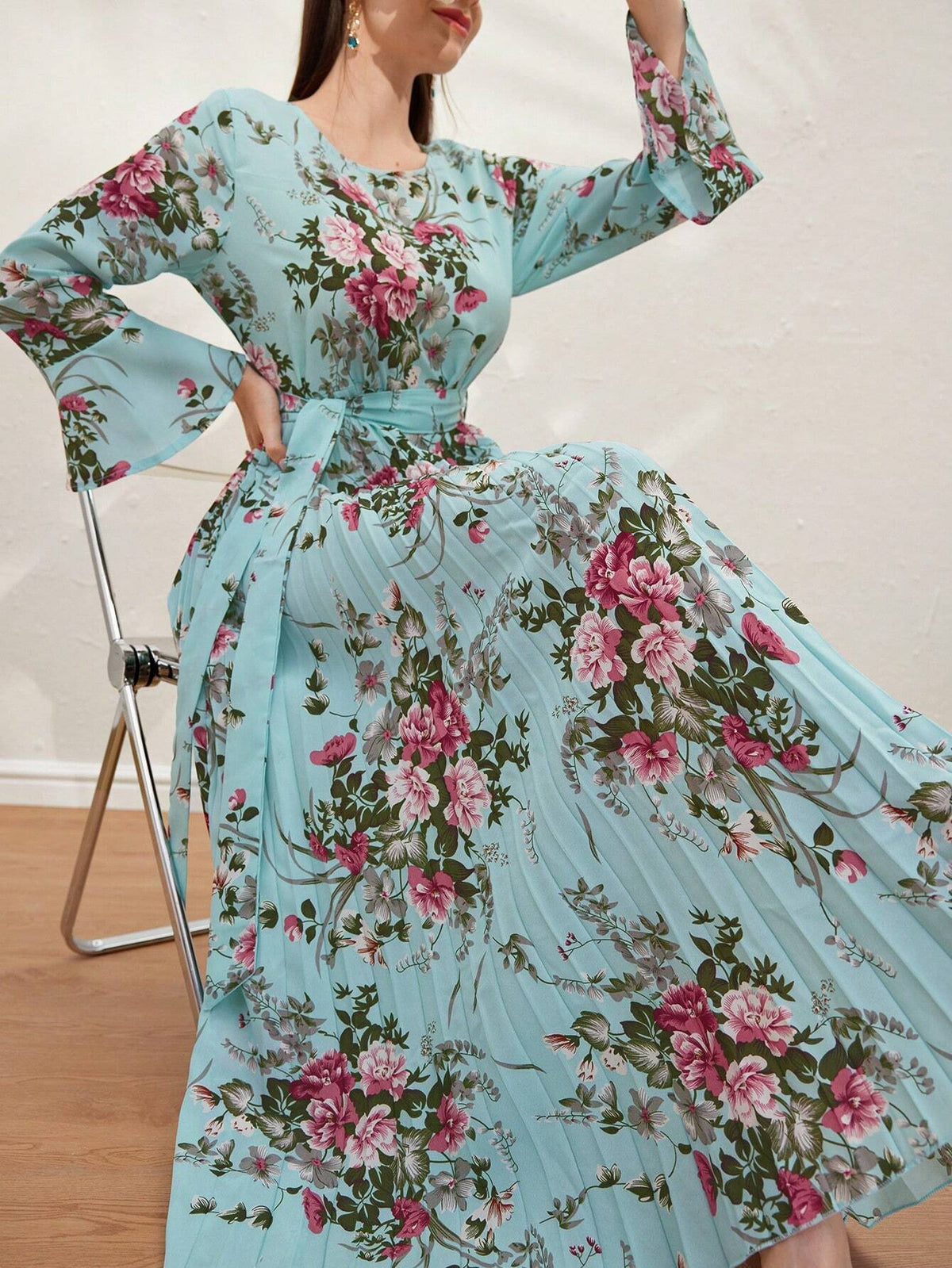 Floral Print Ruffle Sleeves Summer Pleated Dress