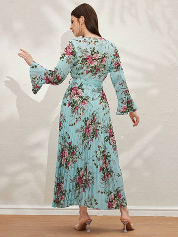 Floral Print Ruffle Sleeves Summer Pleated Dress