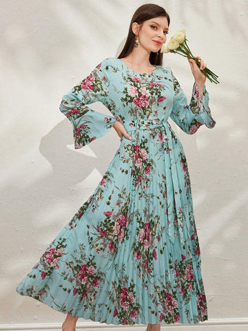 Floral Print Ruffle Sleeves Summer Pleated Dress