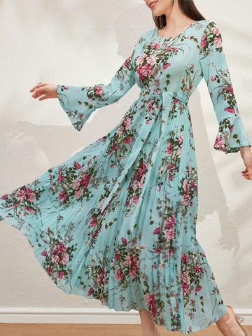 Floral Print Ruffle Sleeves Summer Pleated Dress