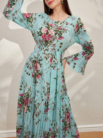 Floral Print Ruffle Sleeves Summer Pleated Dress