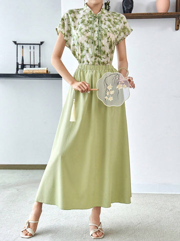 Modely Floral Print Tie Neck Batwing Sleeve Chiffon Hanfu Top