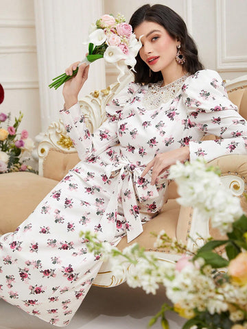 Flower Printed Spliced Water Soluble Lace Waist Cinched Dress