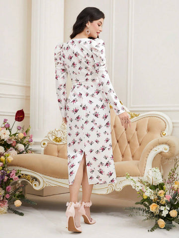 Flower Printed Spliced Water Soluble Lace Waist Cinched Dress