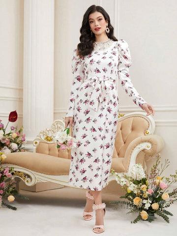 Flower Printed Spliced Water Soluble Lace Waist Cinched Dress
