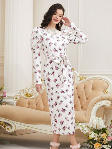 Flower Printed Spliced Water Soluble Lace Waist Cinched Dress