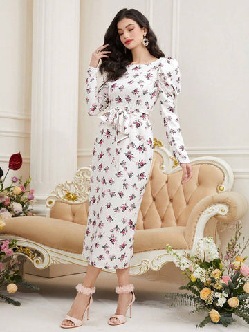 Flower Printed Spliced Water Soluble Lace Waist Cinched Dress