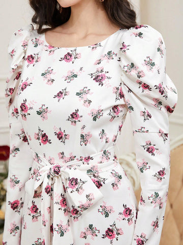 Flower Printed Spliced Water Soluble Lace Waist Cinched Dress