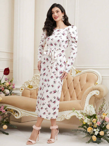 Flower Printed Spliced Water Soluble Lace Waist Cinched Dress
