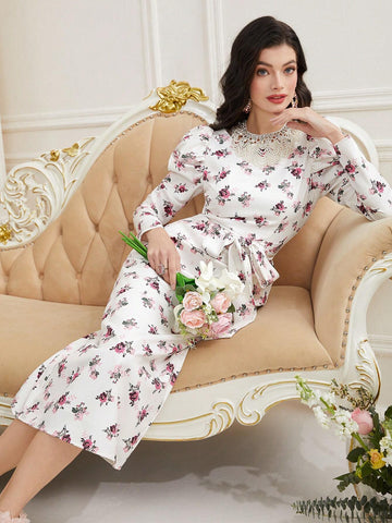 Flower Printed Spliced Water Soluble Lace Waist Cinched Dress