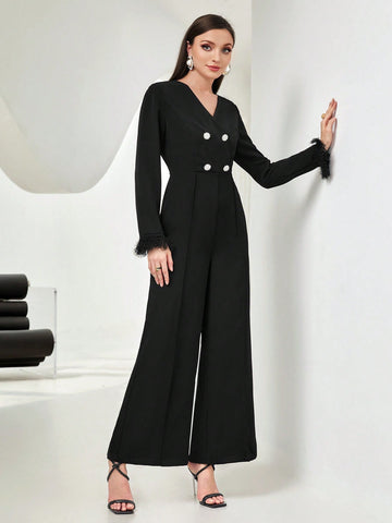 Fuzzy Cuff Double Breasted Wide Leg Jumpsuit