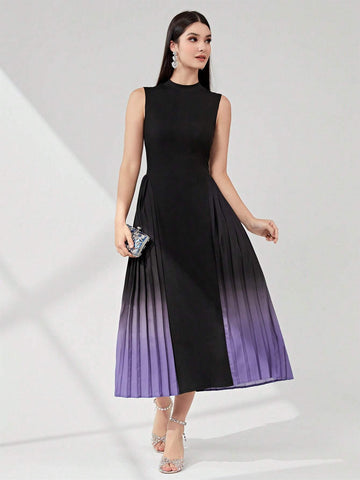 Gradient Pleated Splice Sleeveless Dress