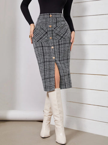 Modely High Waist Plaid Pattern Single Breasted Dual Pocket Tweed Skirt