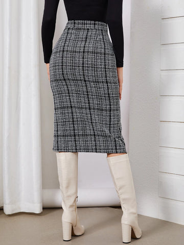 Modely High Waist Plaid Pattern Single Breasted Dual Pocket Tweed Skirt