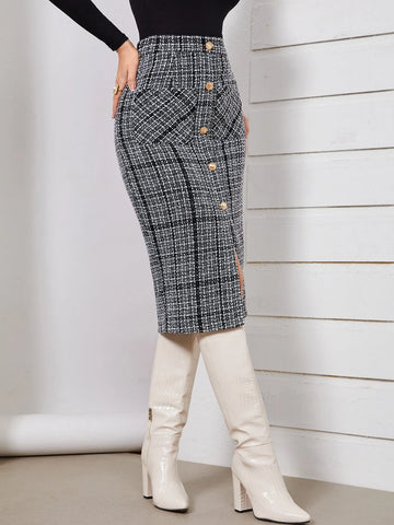 Modely High Waist Plaid Pattern Single Breasted Dual Pocket Tweed Skirt