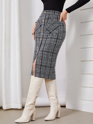 Modely High Waist Plaid Pattern Single Breasted Dual Pocket Tweed Skirt