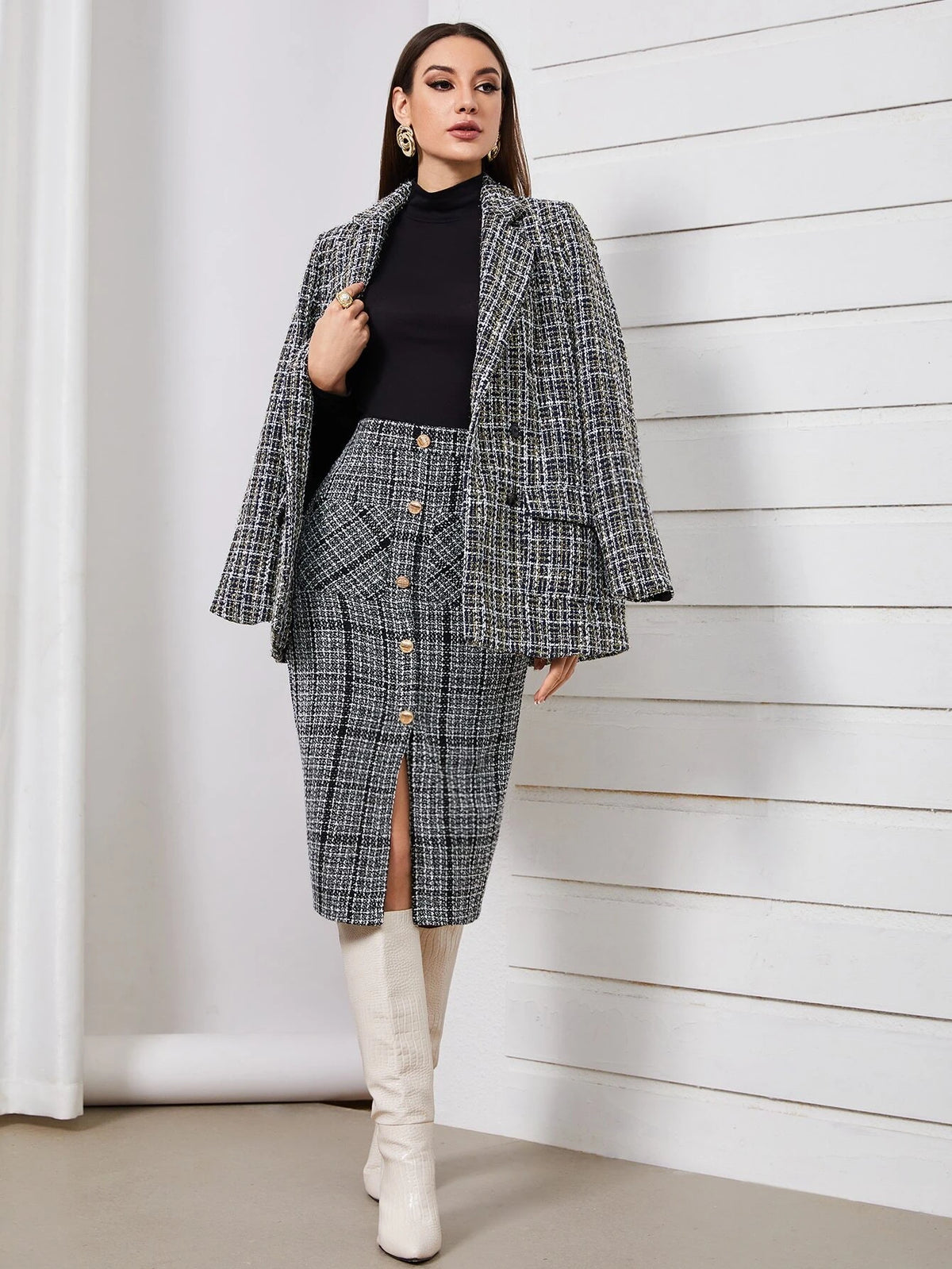 Modely High Waist Plaid Pattern Single Breasted Dual Pocket Tweed Skirt