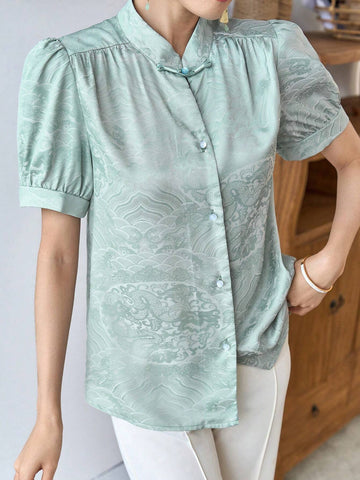 Modely Jacquard Puff Sleeve Button Front Hanfu Top