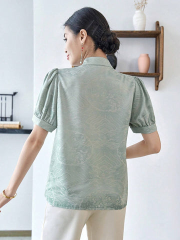 Modely Jacquard Puff Sleeve Button Front Hanfu Top